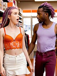 An elderly black man with dreadlocks intensely gazes at young red haired woman in lingerie