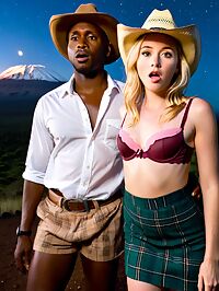 Perplexed man with stands above an exhausted 18 year old woman on Mount Kilimanjaros moonlit slope